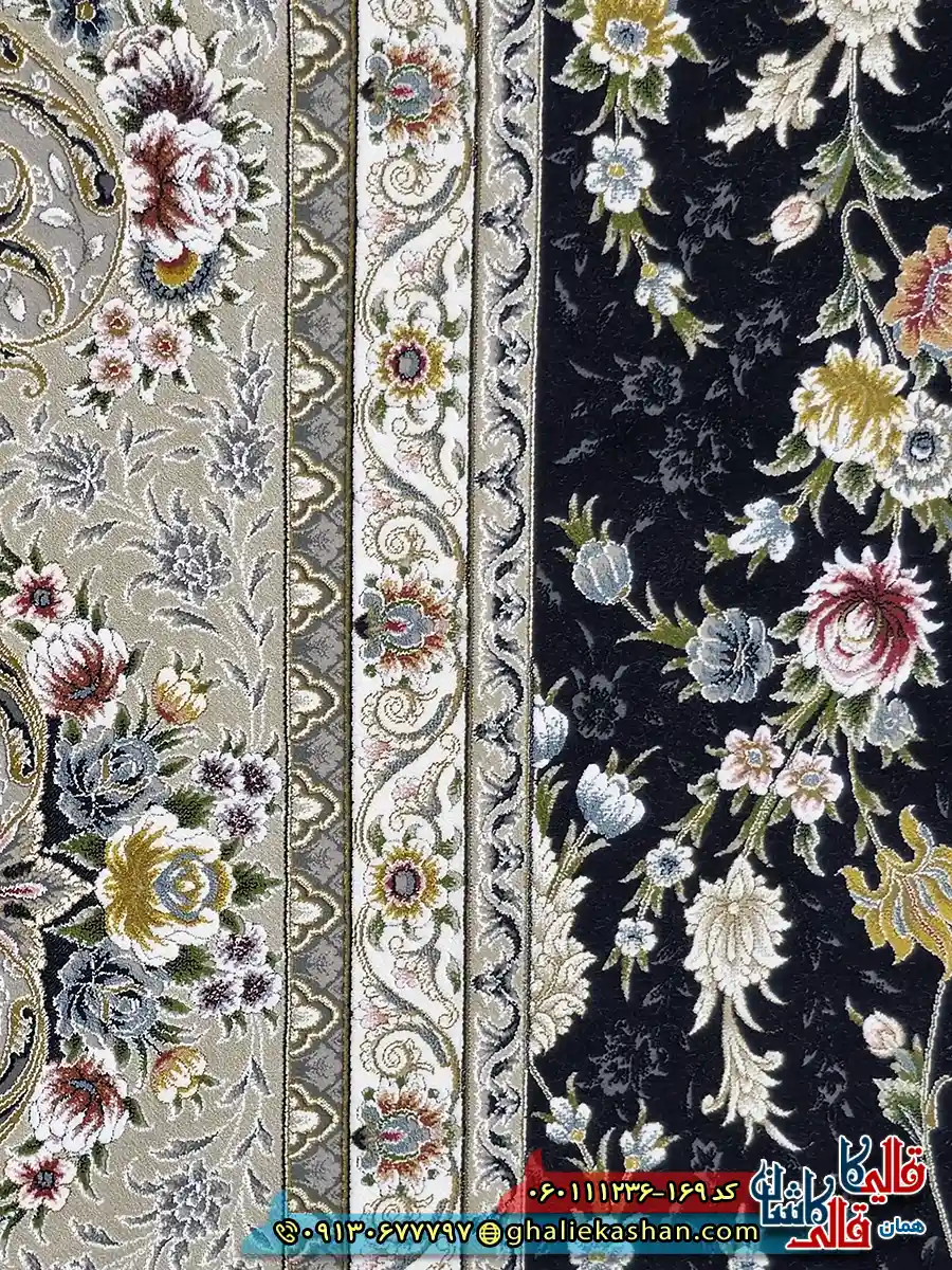 فرش کلاسیک 1200 شانه طرح افشان سینان رنگ سرمه ای گل برجسته کاشان نزدیک