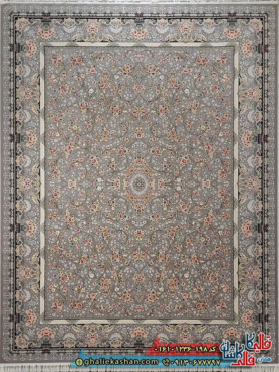 فرش کلاسیک 1200 شانه طرح افشان لی لی رز رنگ طوسی نقره ای کاشان اصلی