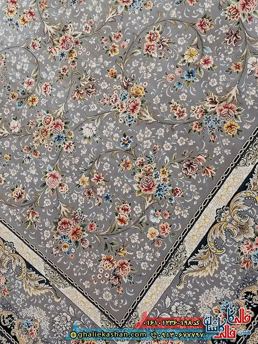 فرش کلاسیک 1200 شانه طرح افشان لی لی رز رنگ طوسی نقره ای کاشان نزدیک 2