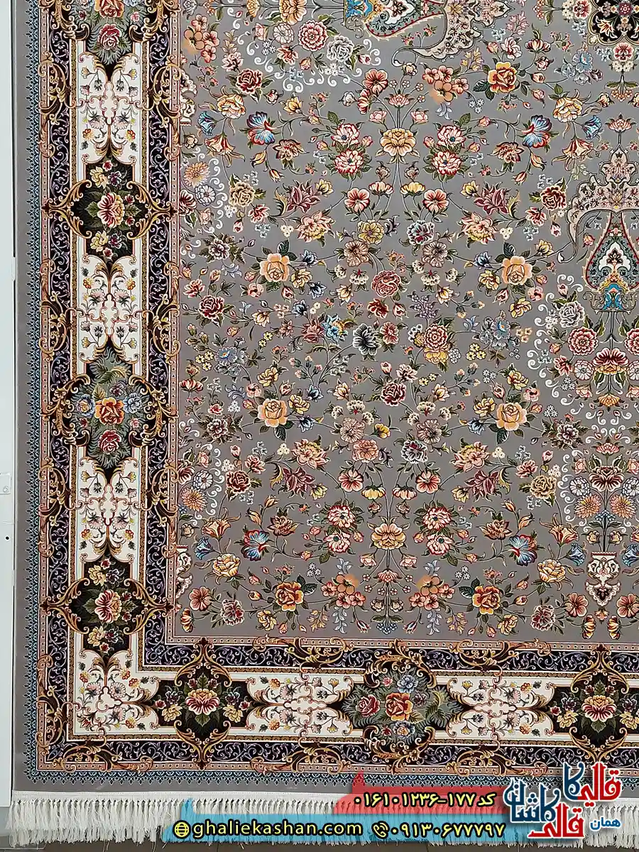 فرش کلاسیک 1200 شانه طرح افشان کیمیای سعادت رنگ طوسی نقره ای کاشان حاشیه