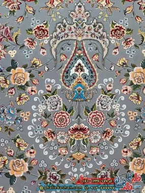 فرش کلاسیک 1200 شانه طرح افشان کیمیای سعادت رنگ طوسی نقره ای کاشان نزدیک 2