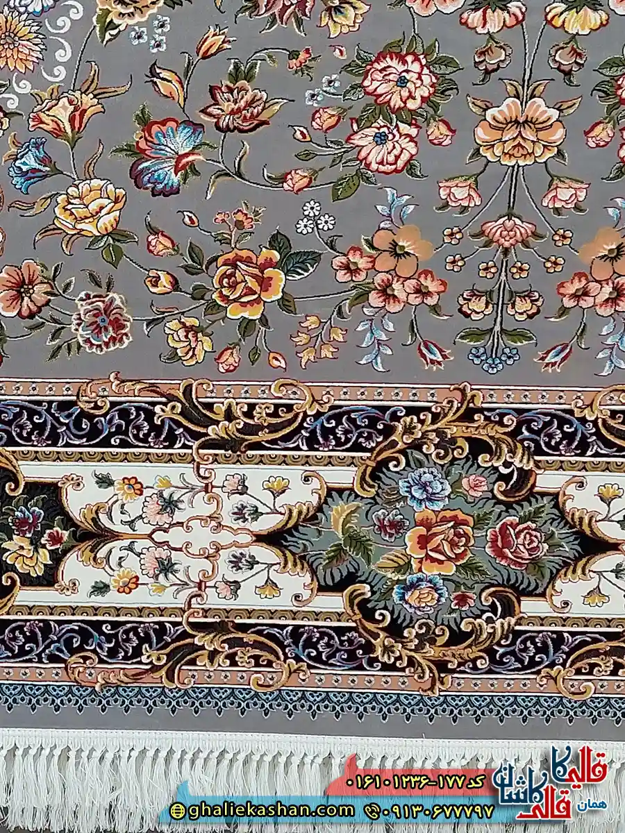 فرش کلاسیک 1200 شانه طرح افشان کیمیای سعادت رنگ طوسی نقره ای کاشان نزدیک