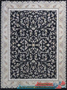 فرش کلاسیک 1200 شانه طرح افشان یونا رنگ سرمه ای گل برجسته کاشان