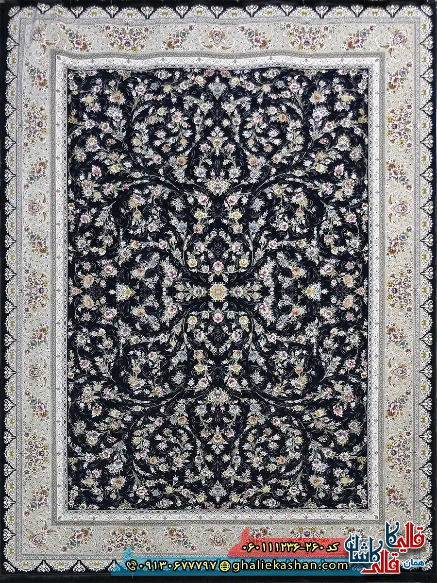 فرش کلاسیک 1200 شانه طرح افشان یونا رنگ سرمه ای گل برجسته کاشان اصلی