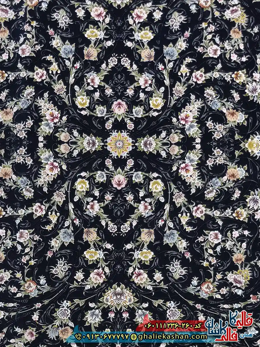 فرش کلاسیک 1200 شانه طرح افشان یونا رنگ سرمه ای گل برجسته کاشان زمینه