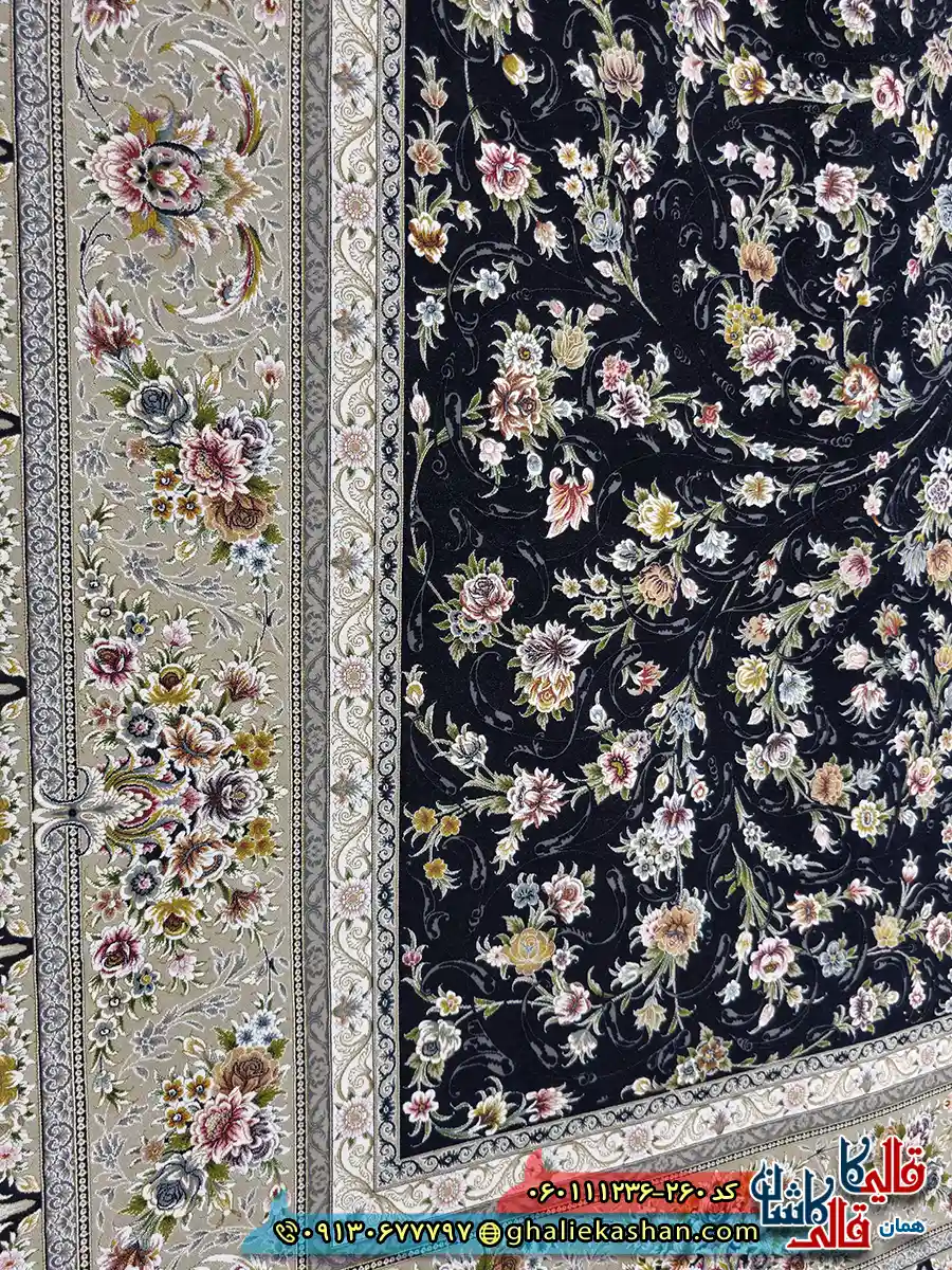 فرش کلاسیک 1200 شانه طرح افشان یونا رنگ سرمه ای گل برجسته کاشان نزدیک