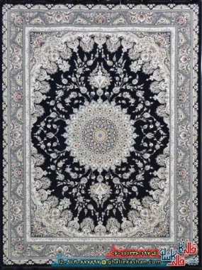 فرش کلاسیک 1200 شانه طرح بردیا زمینه سرمه ای گل برجسته کاشان