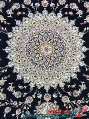 فرش کلاسیک 1200 شانه طرح بردیا زمینه سرمه ای گل برجسته کاشان زمینه