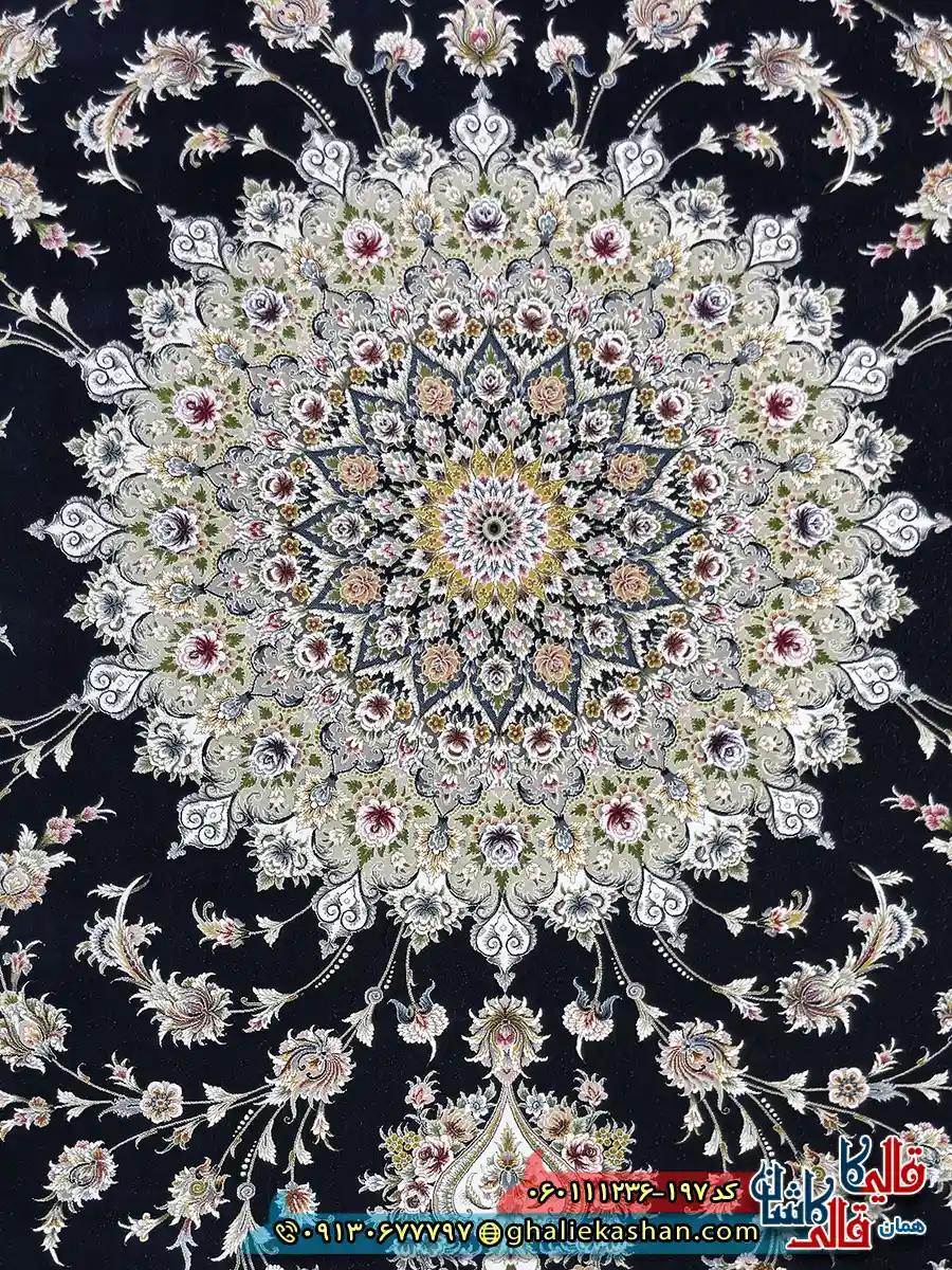 فرش کلاسیک 1200 شانه طرح بردیا زمینه سرمه ای گل برجسته کاشان زمینه