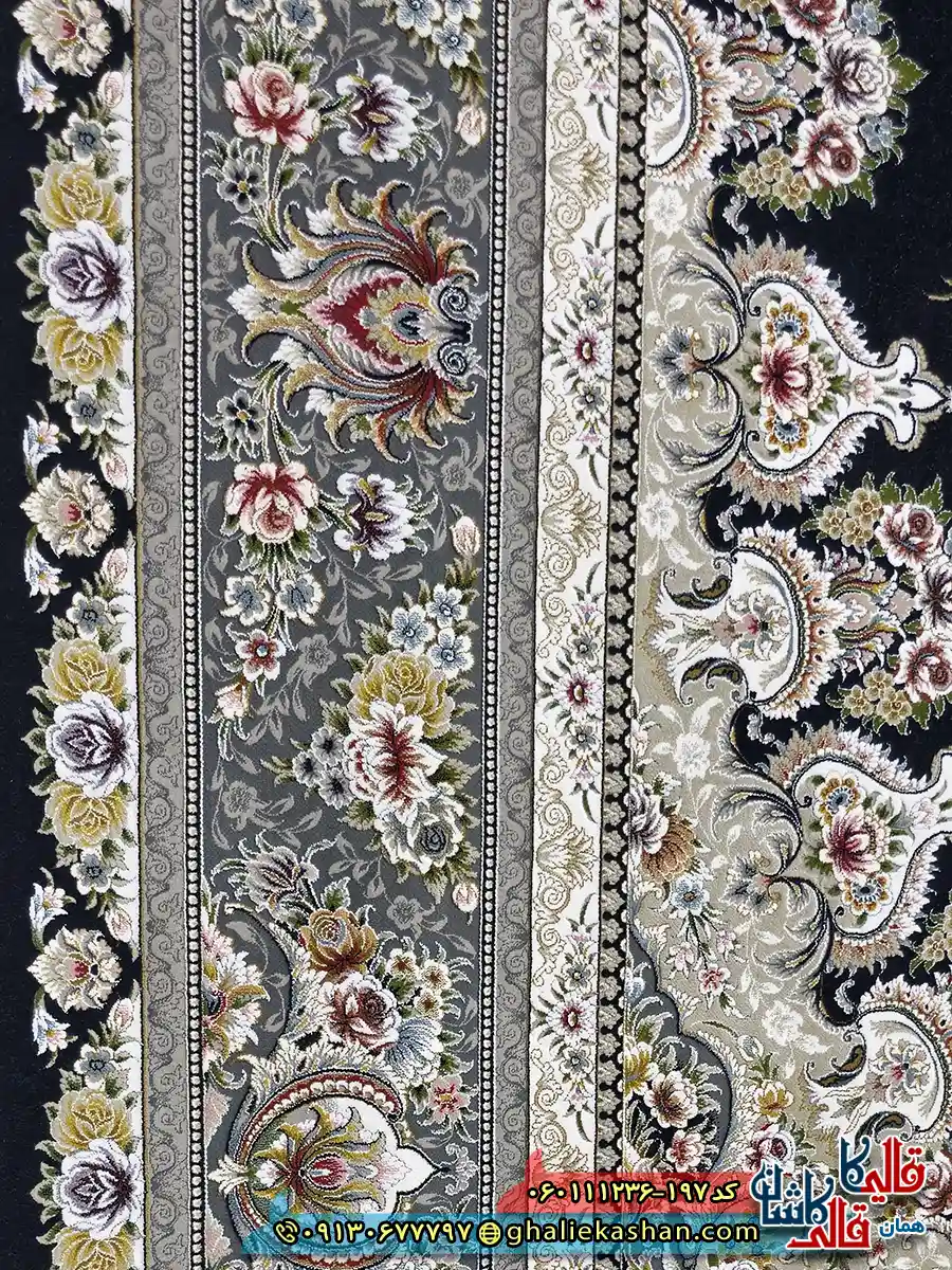 فرش کلاسیک 1200 شانه طرح بردیا زمینه سرمه ای گل برجسته کاشان نزدیک 2