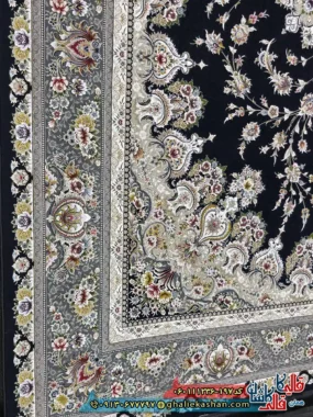 فرش کلاسیک 1200 شانه طرح بردیا زمینه سرمه ای گل برجسته کاشان نزدیک