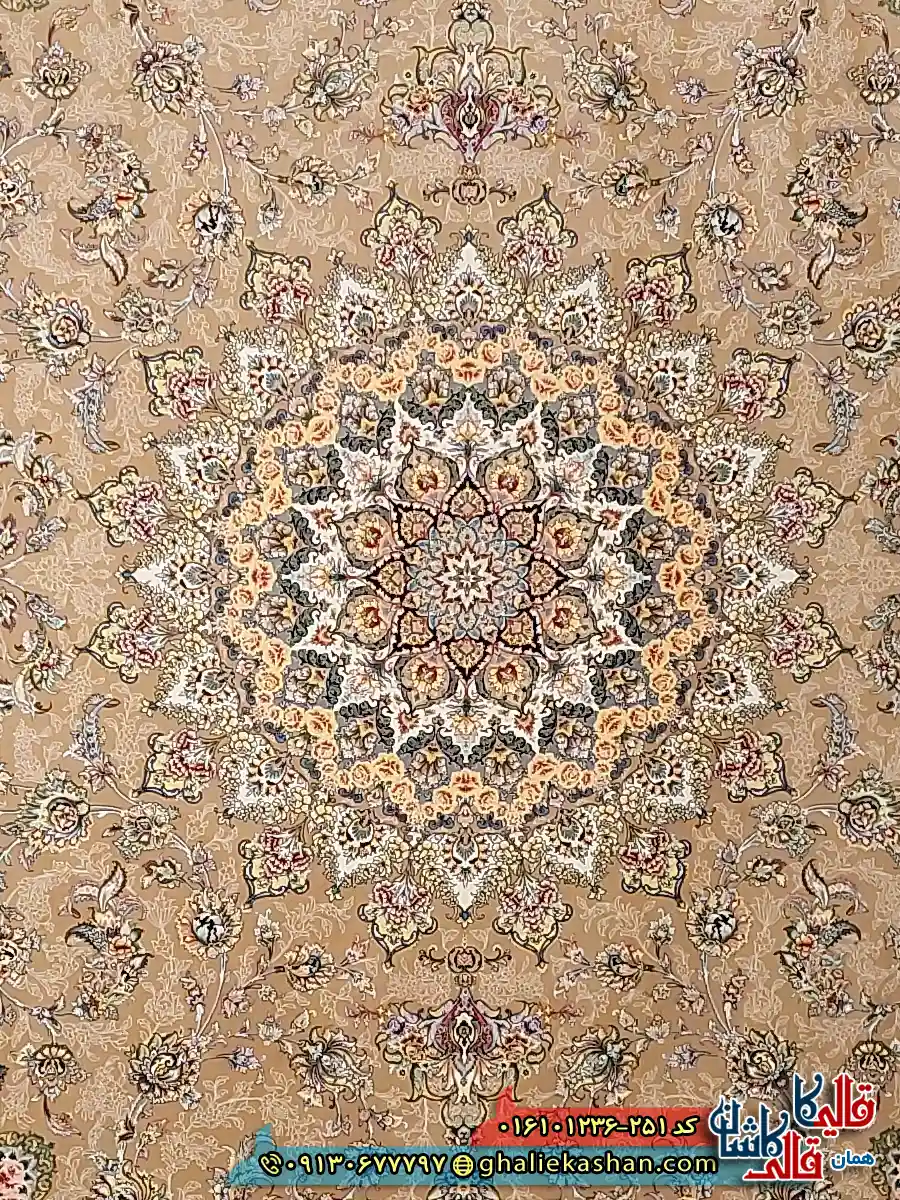 فرش کلاسیک 1200 شانه طرح شهریار رنگ بژ کاشان زمینه