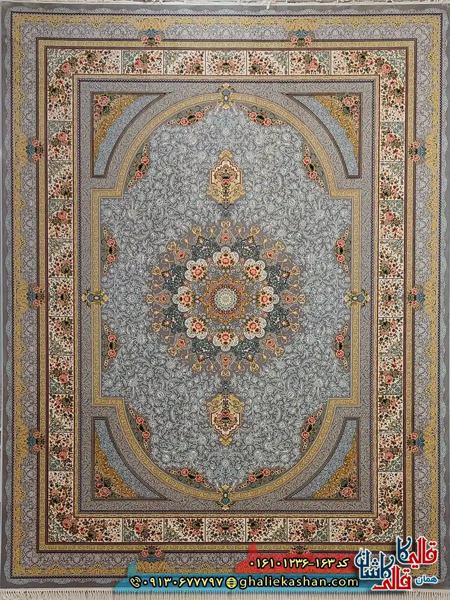فرش کلاسیک 1200 شانه طرح طاق بستان رنگ طوسی نقره ای کاشان اصلی فرش کلاسیک 1200 شانه طرح طاق بستان رنگ طوسی نقره ای کاشان اصلی
