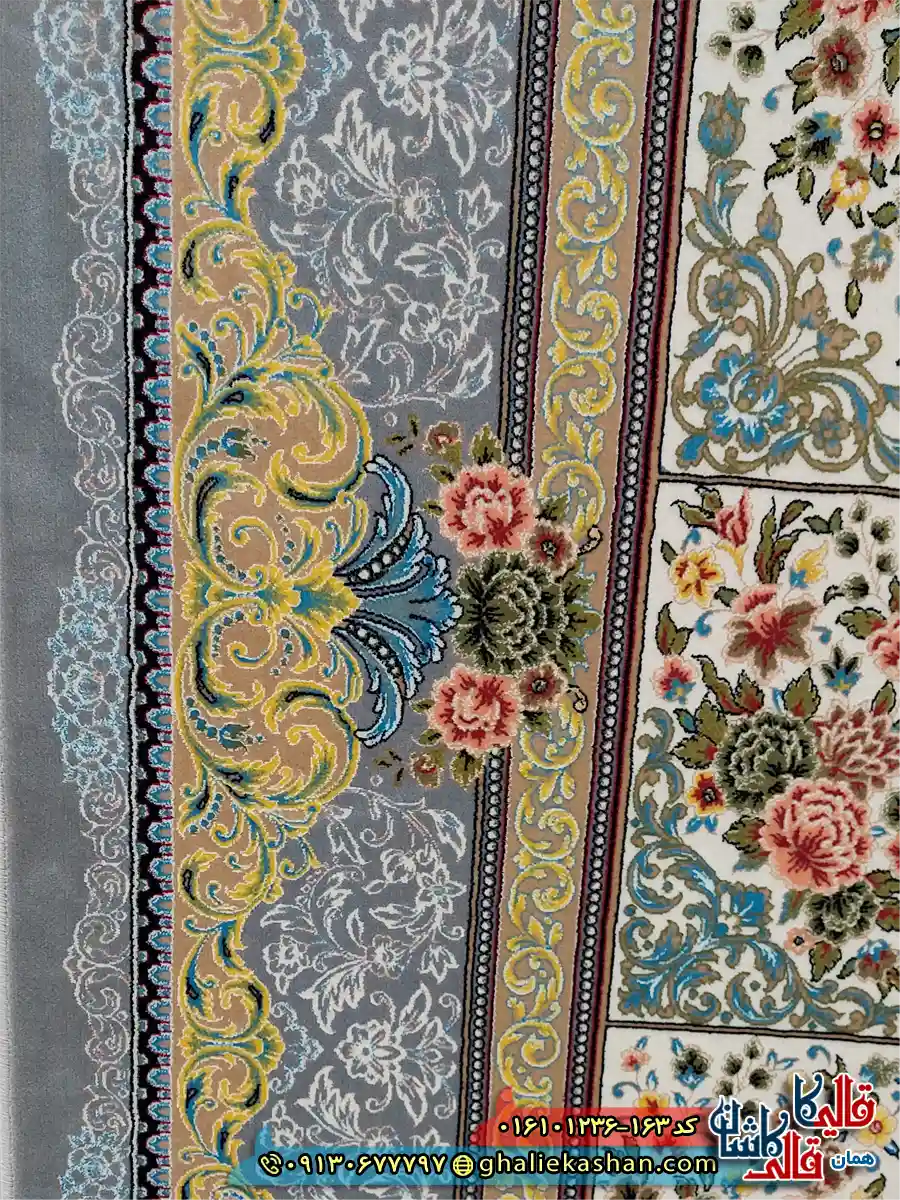 فرش کلاسیک 1200 شانه طرح طاق بستان رنگ طوسی نقره ای کاشان نزدیک
