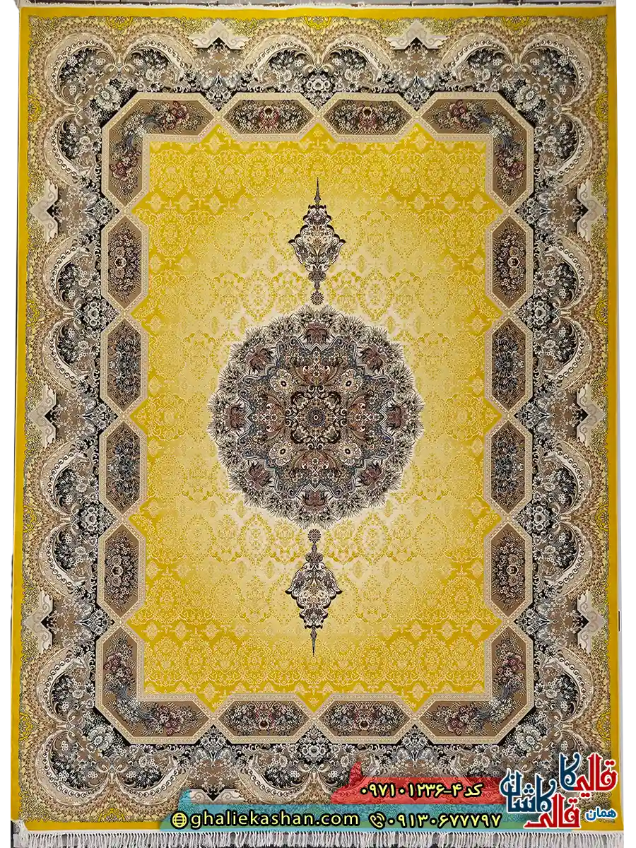 فرش کلاسیک 1200 شانه طرح هالیدی رنگ زرد کاشان اصلی