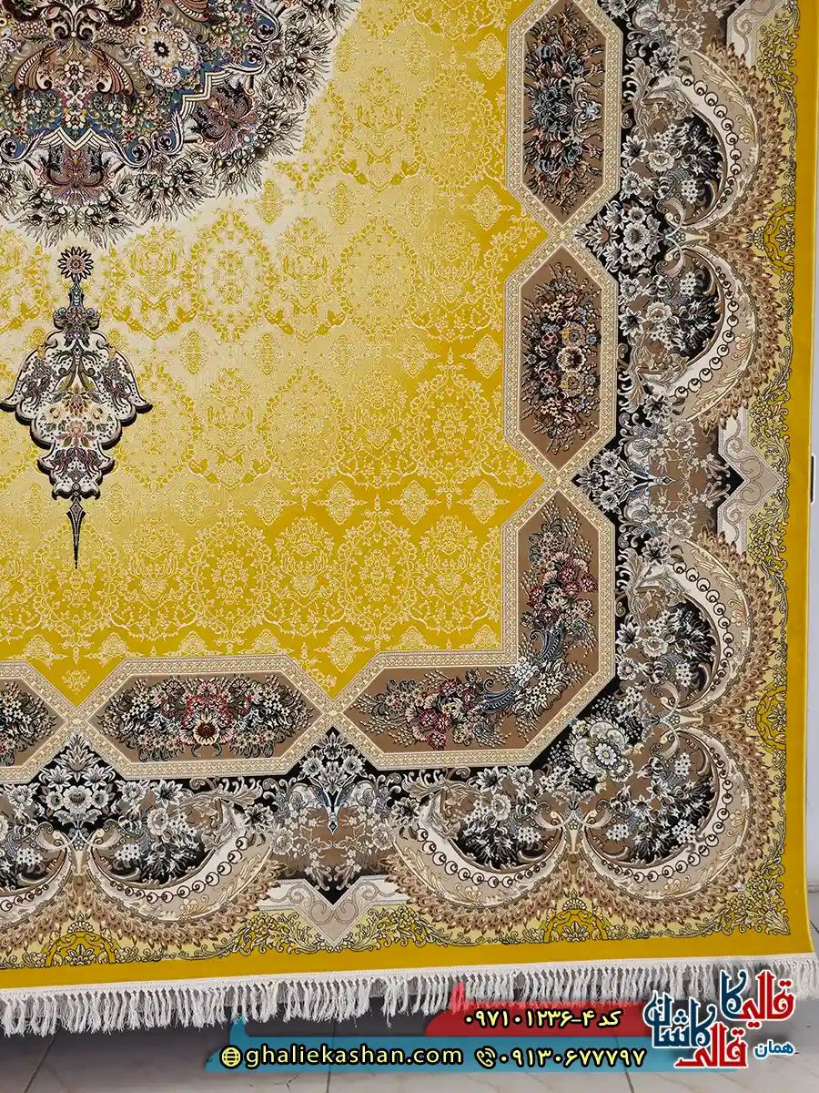 فرش کلاسیک 1200 شانه طرح هالیدی رنگ زرد کاشان حاشیه