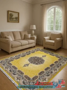 فرش کلاسیک 1200 شانه طرح هالیدی رنگ زرد کاشان