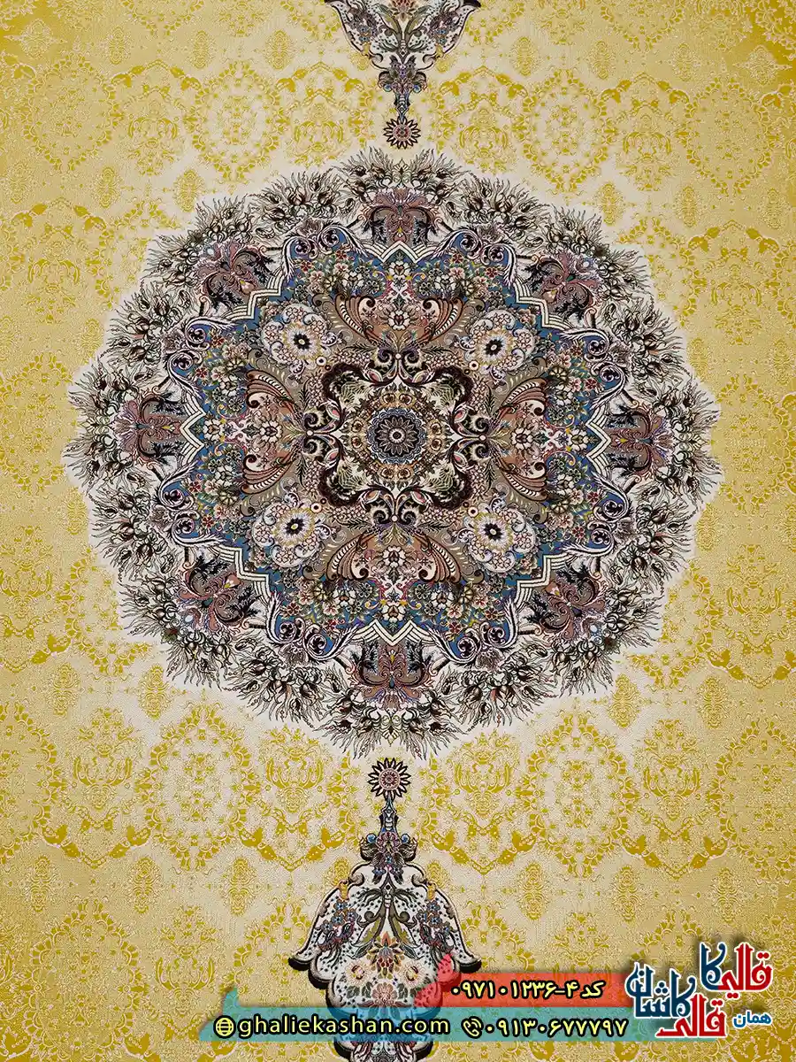 فرش کلاسیک 1200 شانه طرح هالیدی رنگ زرد کاشان زمینه