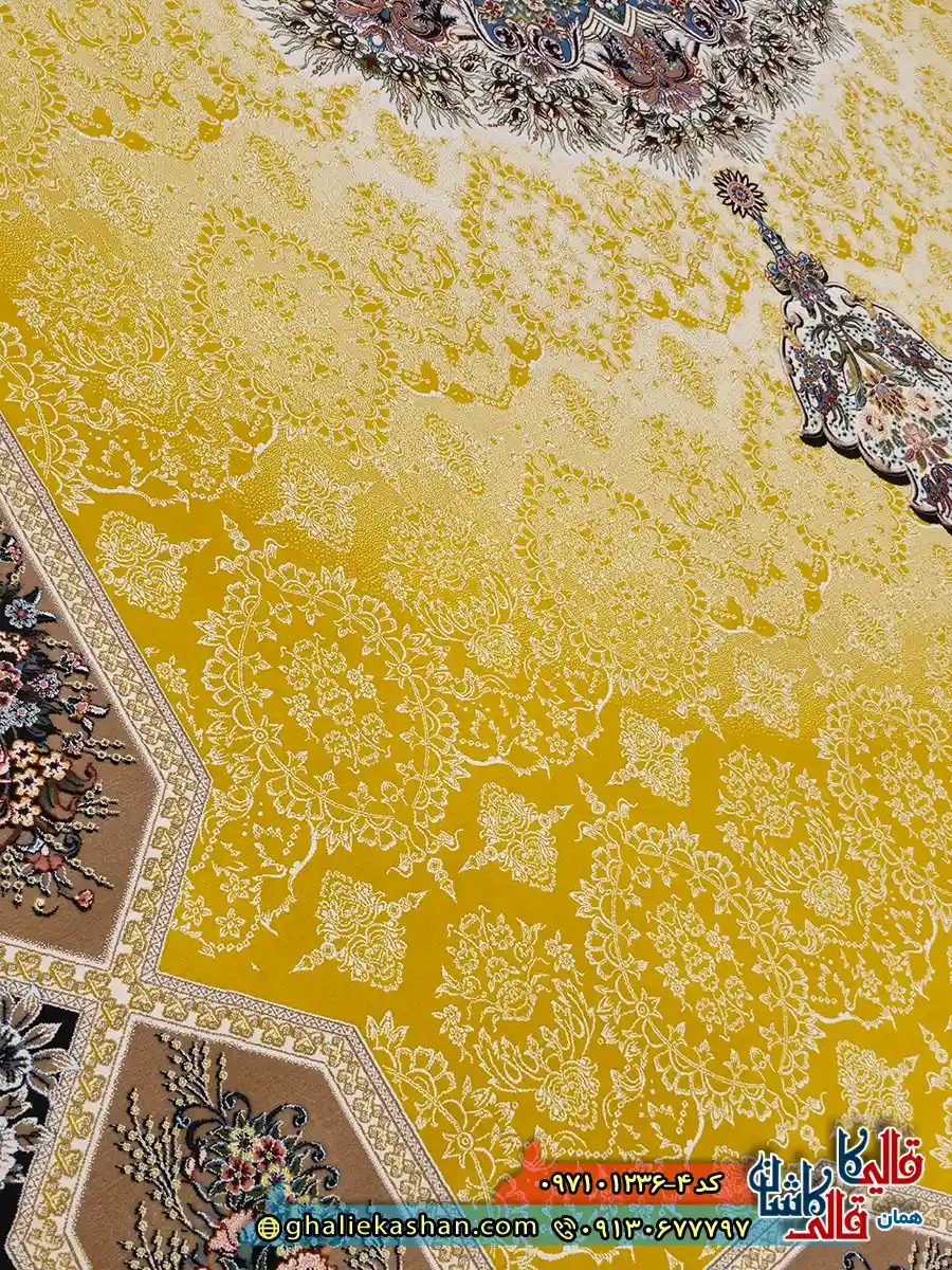 فرش کلاسیک 1200 شانه طرح هالیدی رنگ زرد کاشان نزدیک 2