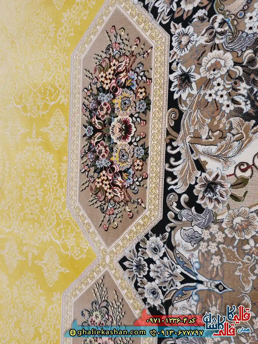 فرش کلاسیک 1200 شانه طرح هالیدی رنگ زرد کاشان نزدیک