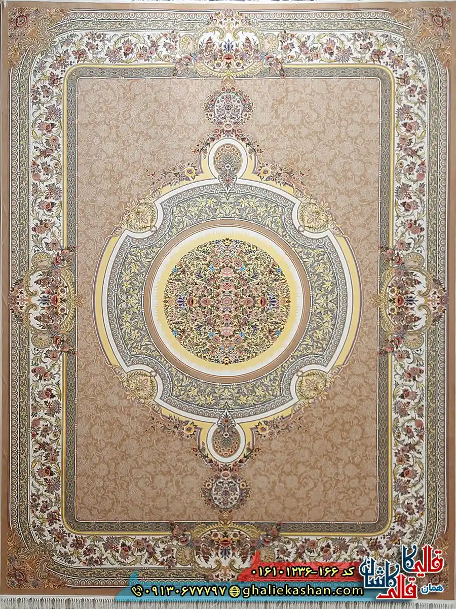 فرش کلاسیک 1200 شانه فرانسوی طرح فرگل رنگ بژ کاشان اصلی