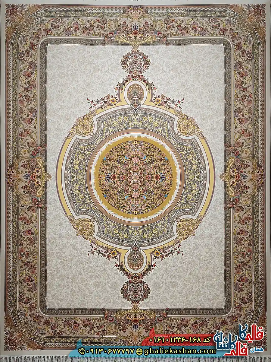 فرش کلاسیک 1200 شانه فرانسوی طرح فرگل رنگ کرم کاشان اصلی