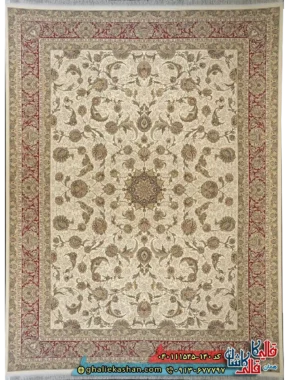 فرش کلاسیک 1500 شانه طرح افشان شاه نشین رنگ سفید کرم حاشیه لاکی گل برجسته کاشان اصلی
