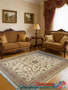 فرش کلاسیک 1500 شانه طرح افشان شاه نشین رنگ سفید کرم حاشیه لاکی گل برجسته کاشان