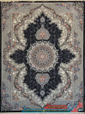 فرش کلاسیک 700 شانه خشتی طرح ناهید رنگ سرمه ای کاشان