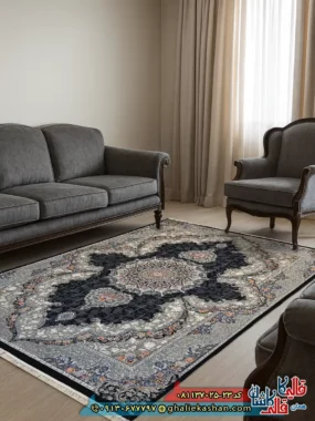 فرش کلاسیک 700 شانه خشتی طرح ناهید رنگ سرمه ای کاشان
