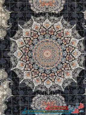 فرش کلاسیک 700 شانه خشتی طرح ناهید رنگ سرمه ای کاشان زمینه