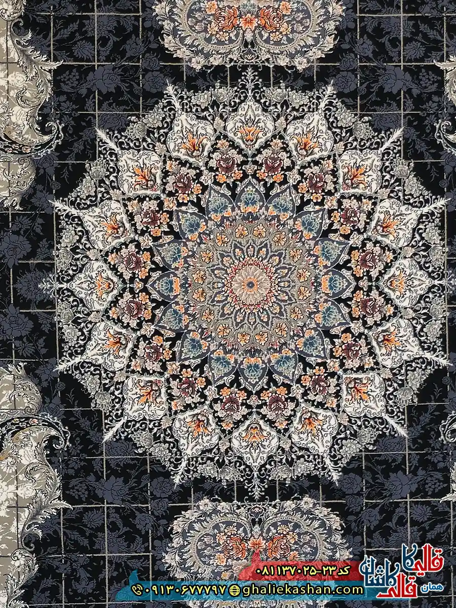 فرش کلاسیک 700 شانه خشتی طرح ناهید رنگ سرمه ای کاشان زمینه