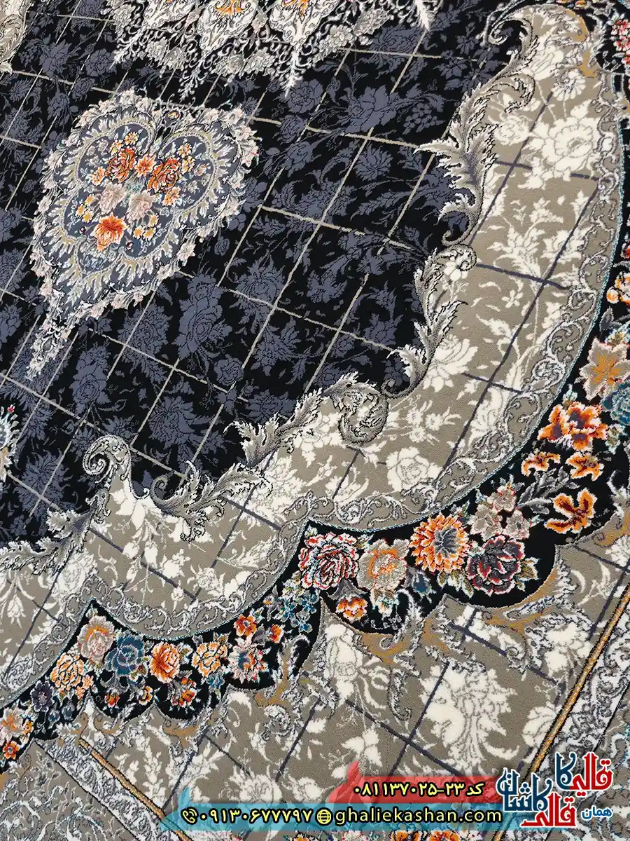فرش کلاسیک 700 شانه خشتی طرح ناهید رنگ سرمه ای کاشان نزدیک 2