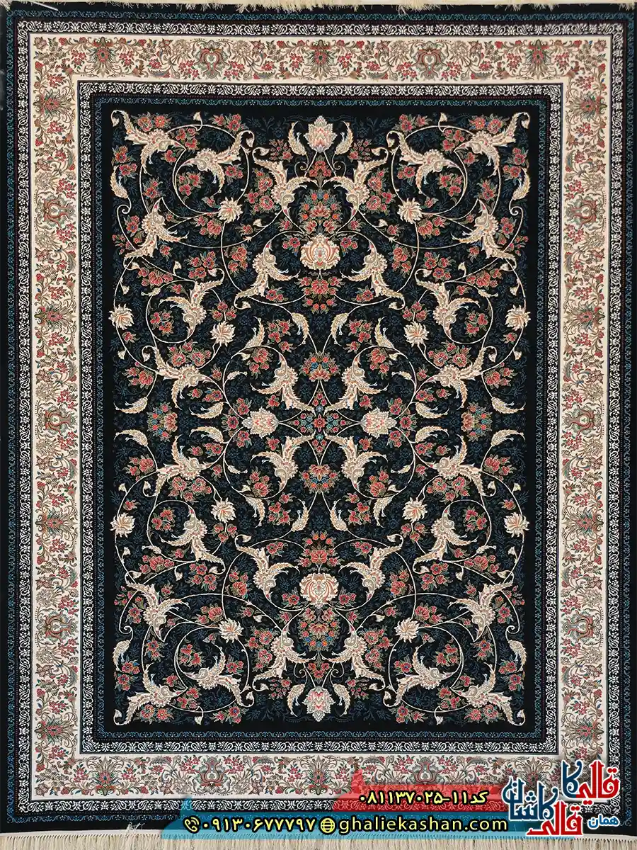 فرش کلاسیک 700 شانه طرح افشان درباری رنگ سرمه ای کاشان اصلی
