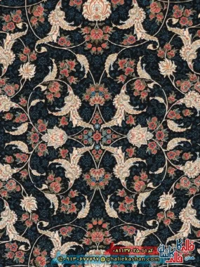 فرش کلاسیک 700 شانه طرح افشان درباری رنگ سرمه ای کاشان زمینه