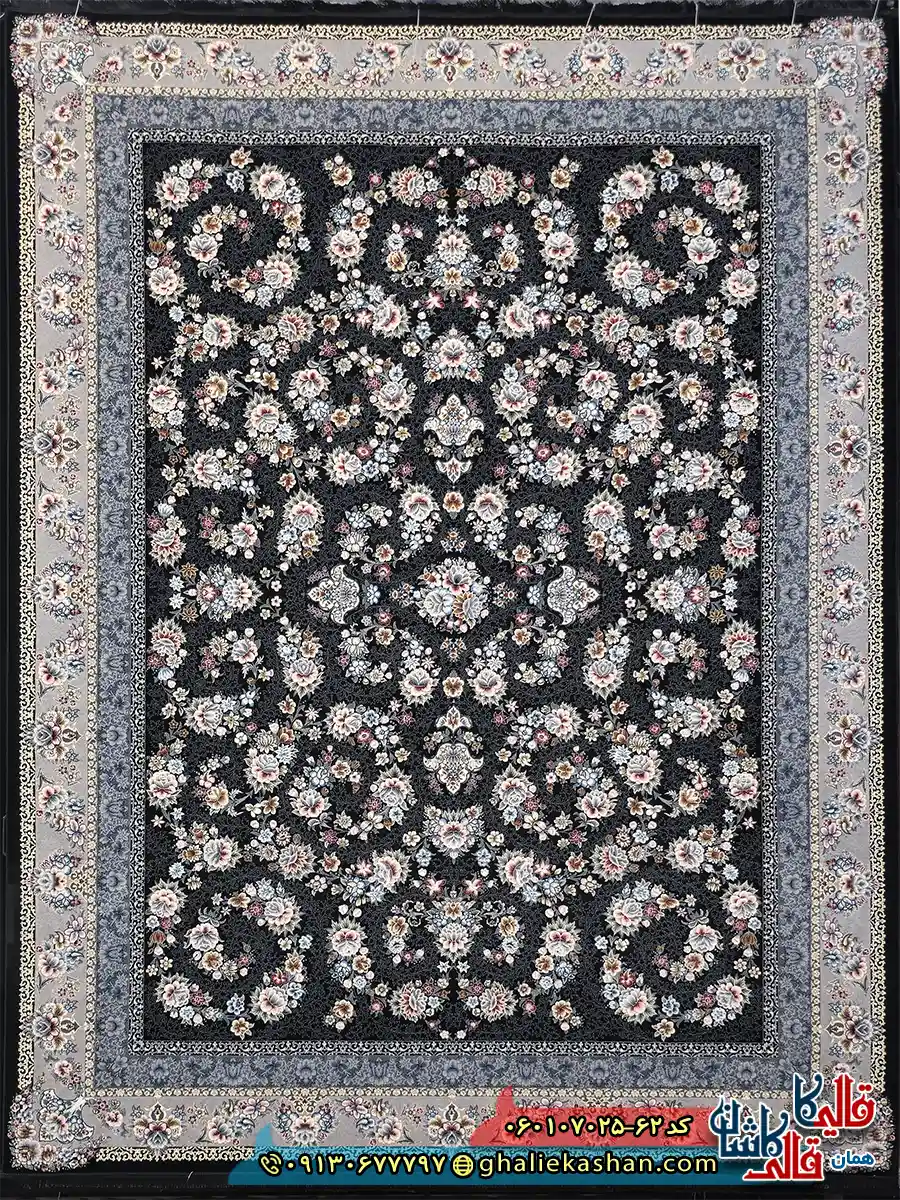 فرش کلاسیک 700 شانه طرح افشان ساحل رنگ سرمه ای کاشان اصلی