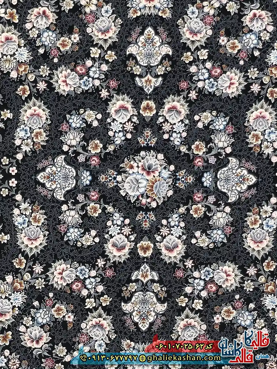 فرش کلاسیک 700 شانه طرح افشان ساحل رنگ سرمه ای کاشان زمینه