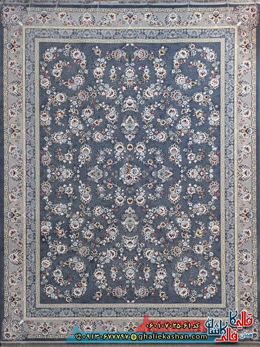 فرش کلاسیک 700 شانه طرح افشان ساحل رنگ طوسی دودی کاشان اصلی