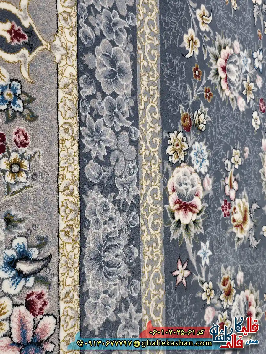 فرش کلاسیک 700 شانه طرح افشان ساحل رنگ طوسی دودی کاشان نزدیک