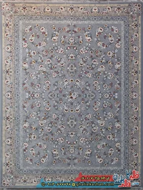فرش کلاسیک 700 شانه طرح افشان ساحل رنگ نقره ای حاشیه ترمه ای کاشان