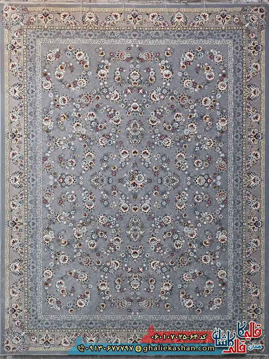 فرش کلاسیک 700 شانه طرح افشان ساحل رنگ نقره ای حاشیه ترمه ای کاشان اصلی