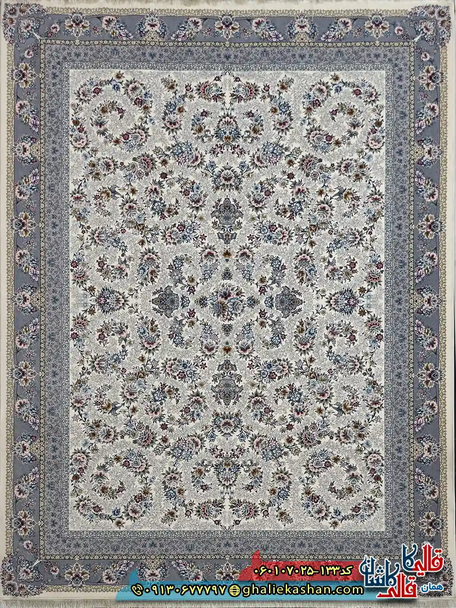 فرش کلاسیک 700 شانه طرح افشان ساحل رنگ کرم کاشان اصلی