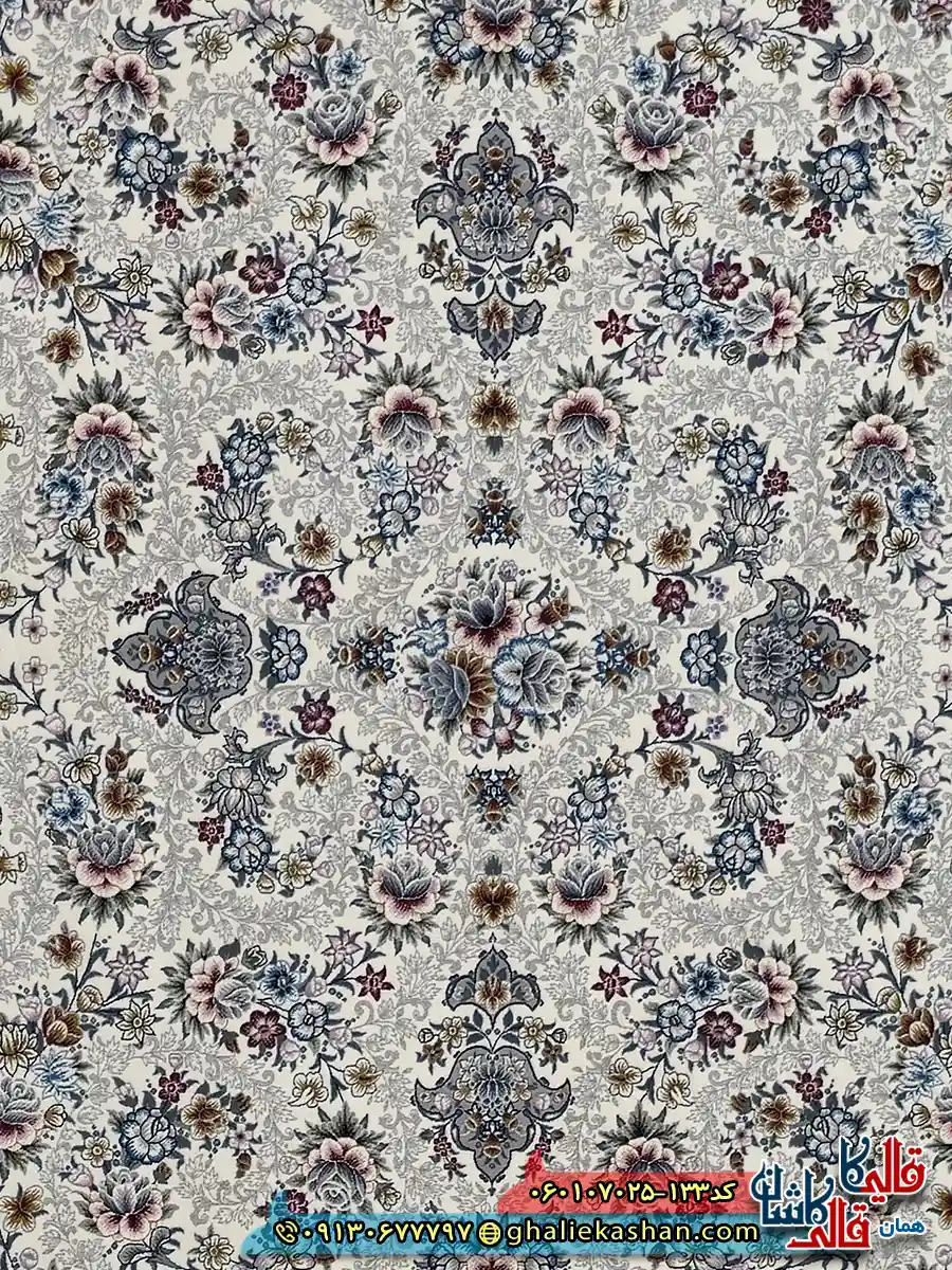 فرش کلاسیک 700 شانه طرح افشان ساحل رنگ کرم کاشان زمینه