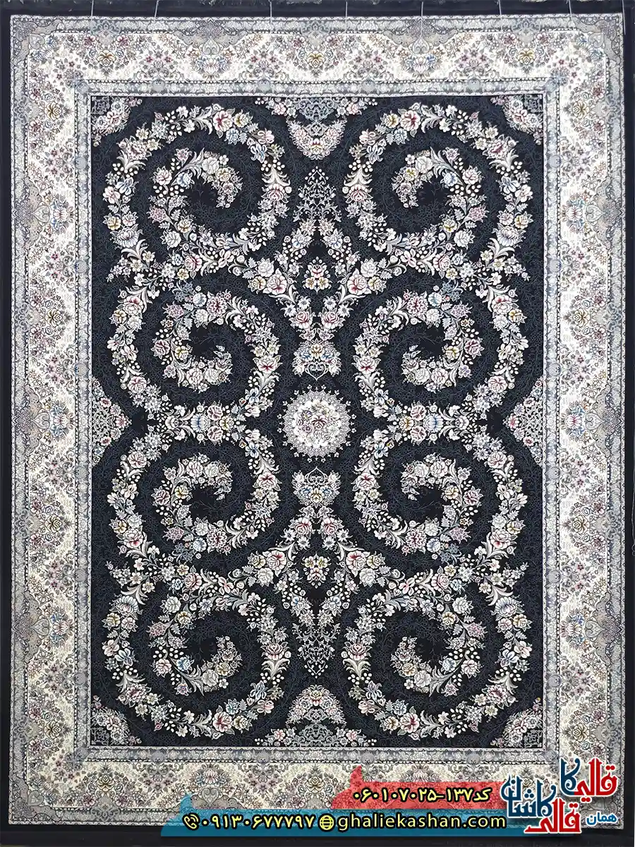 فرش کلاسیک 700 شانه طرح افشان شکوه رنگ سرمه ای کاشان اصلی فرش کلاسیک 700 شانه طرح افشان شکوه رنگ سرمه ای کاشان اصلی