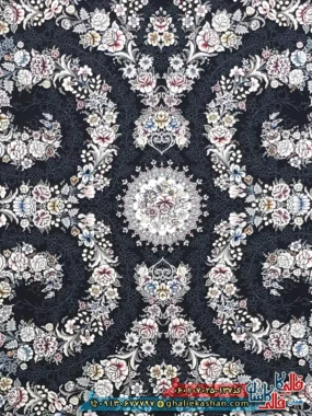 فرش کلاسیک 700 شانه طرح افشان شکوه رنگ سرمه ای کاشان زمینه