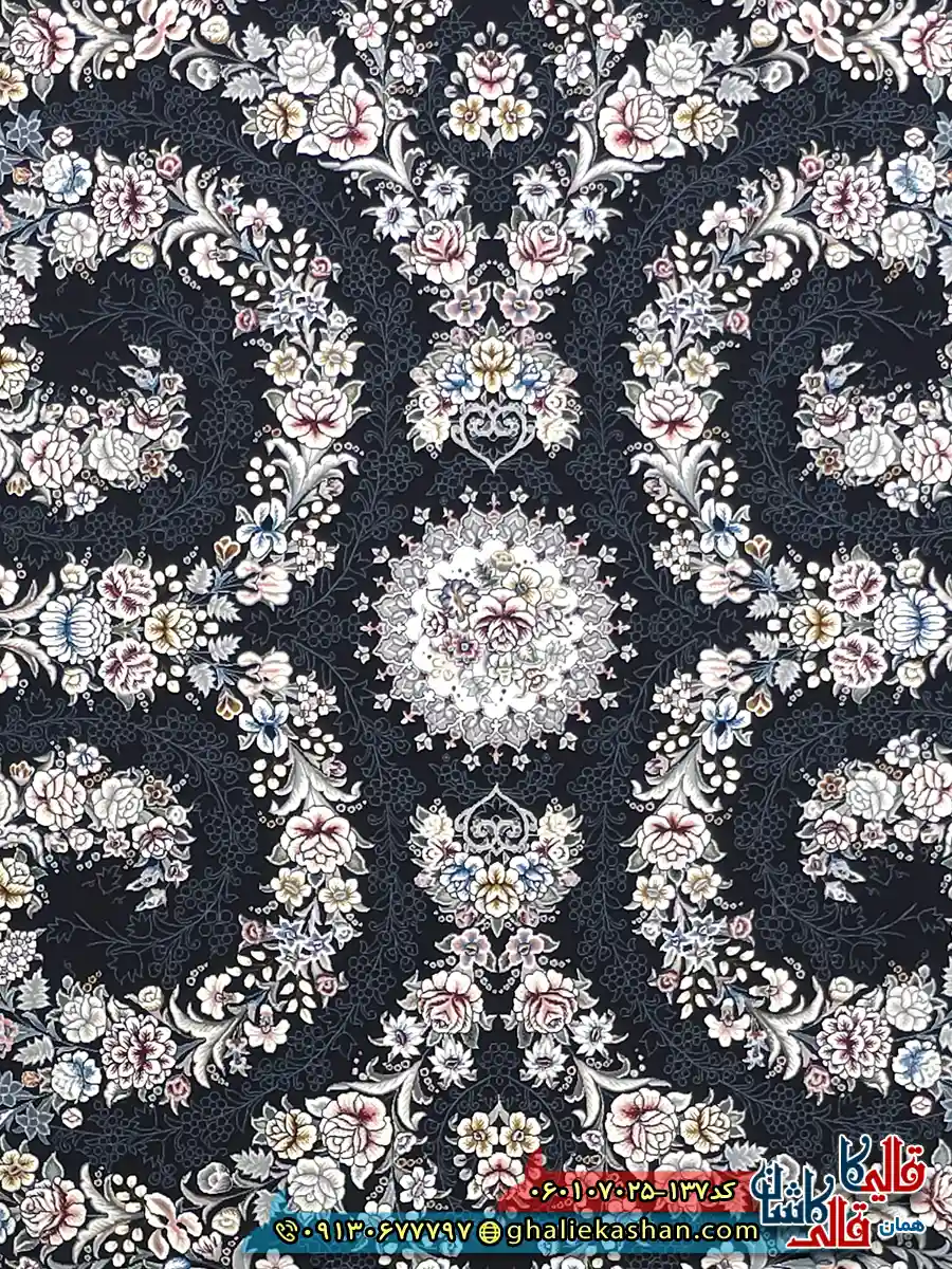 فرش کلاسیک 700 شانه طرح افشان شکوه رنگ سرمه ای کاشان زمینه
