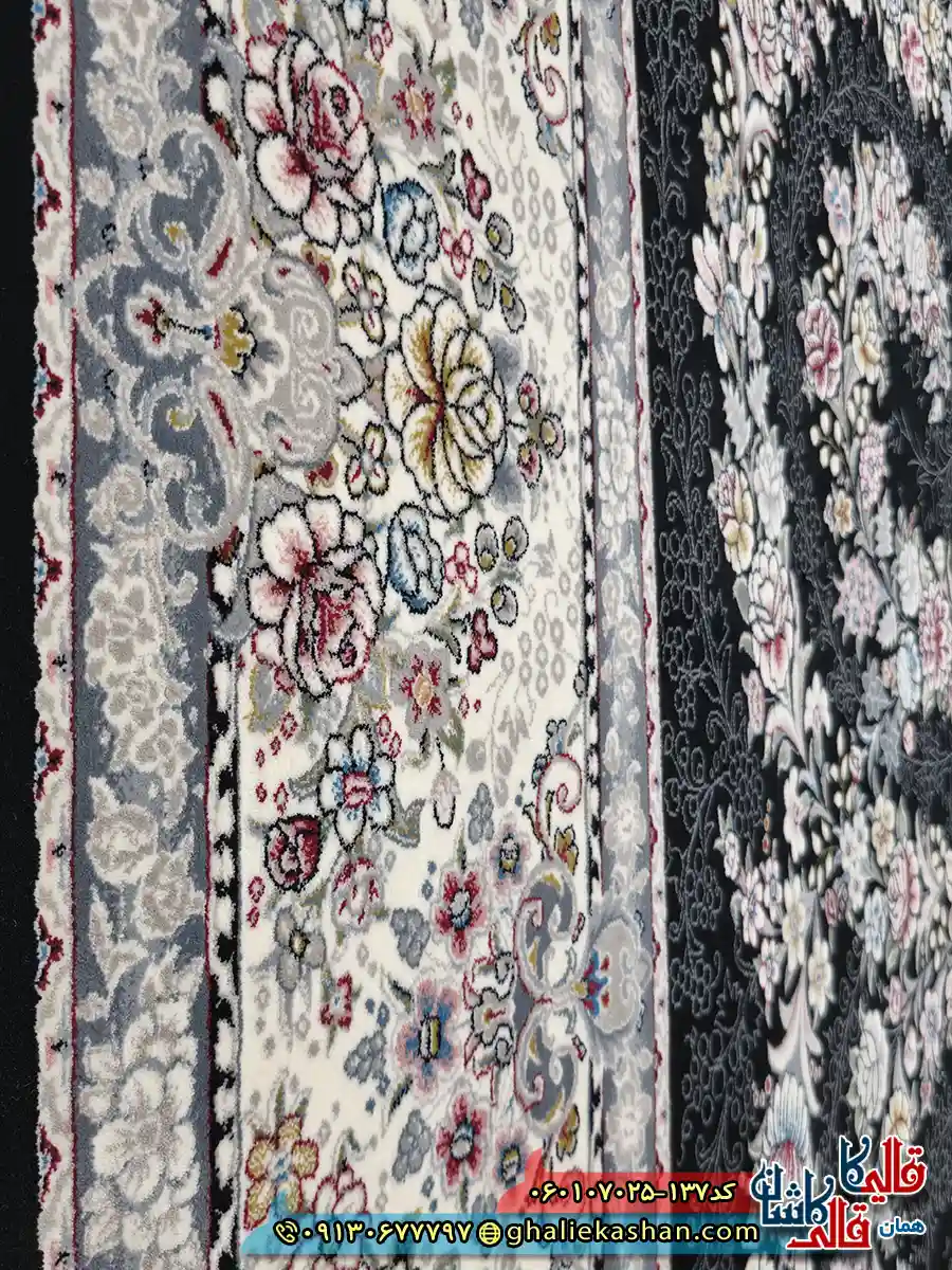 فرش کلاسیک 700 شانه طرح افشان شکوه رنگ سرمه ای کاشان نزدیک