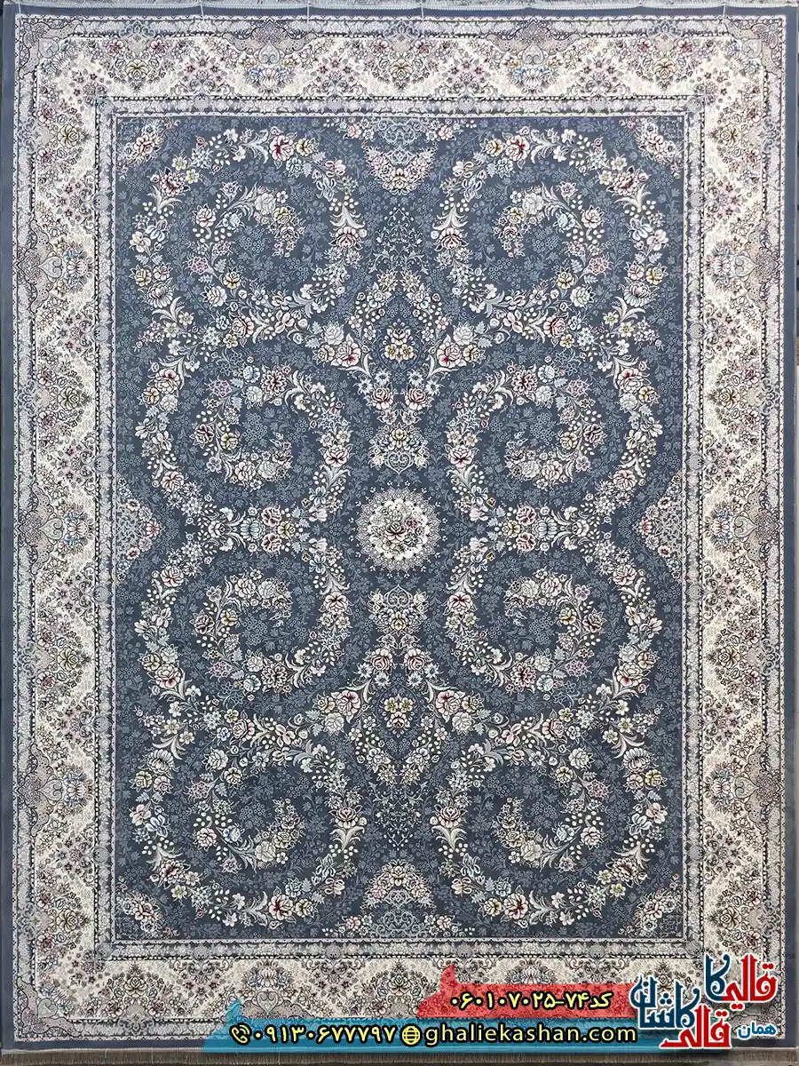 فرش کلاسیک 700 شانه طرح افشان شکوه رنگ طوسی دودی کاشان اصلی