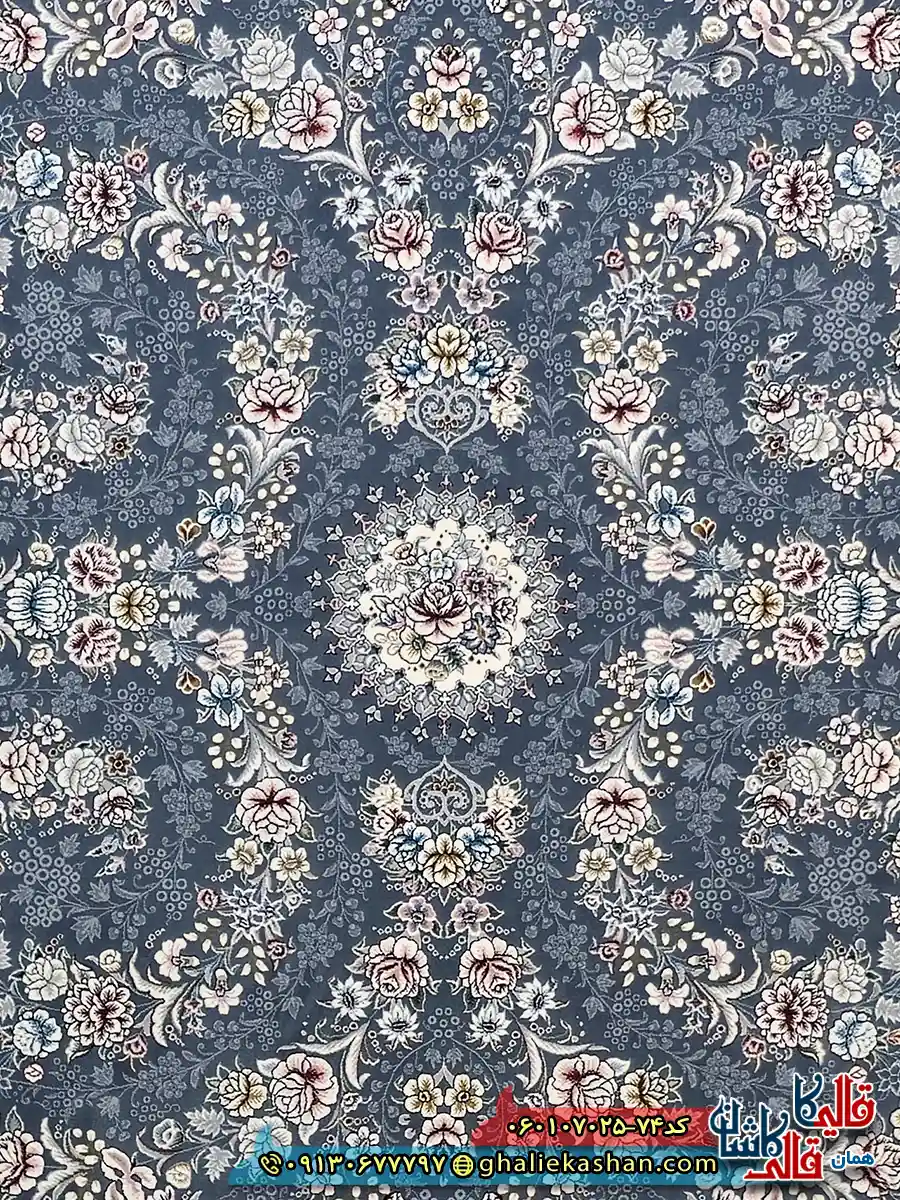 فرش کلاسیک 700 شانه طرح افشان شکوه رنگ طوسی دودی کاشان زمینه