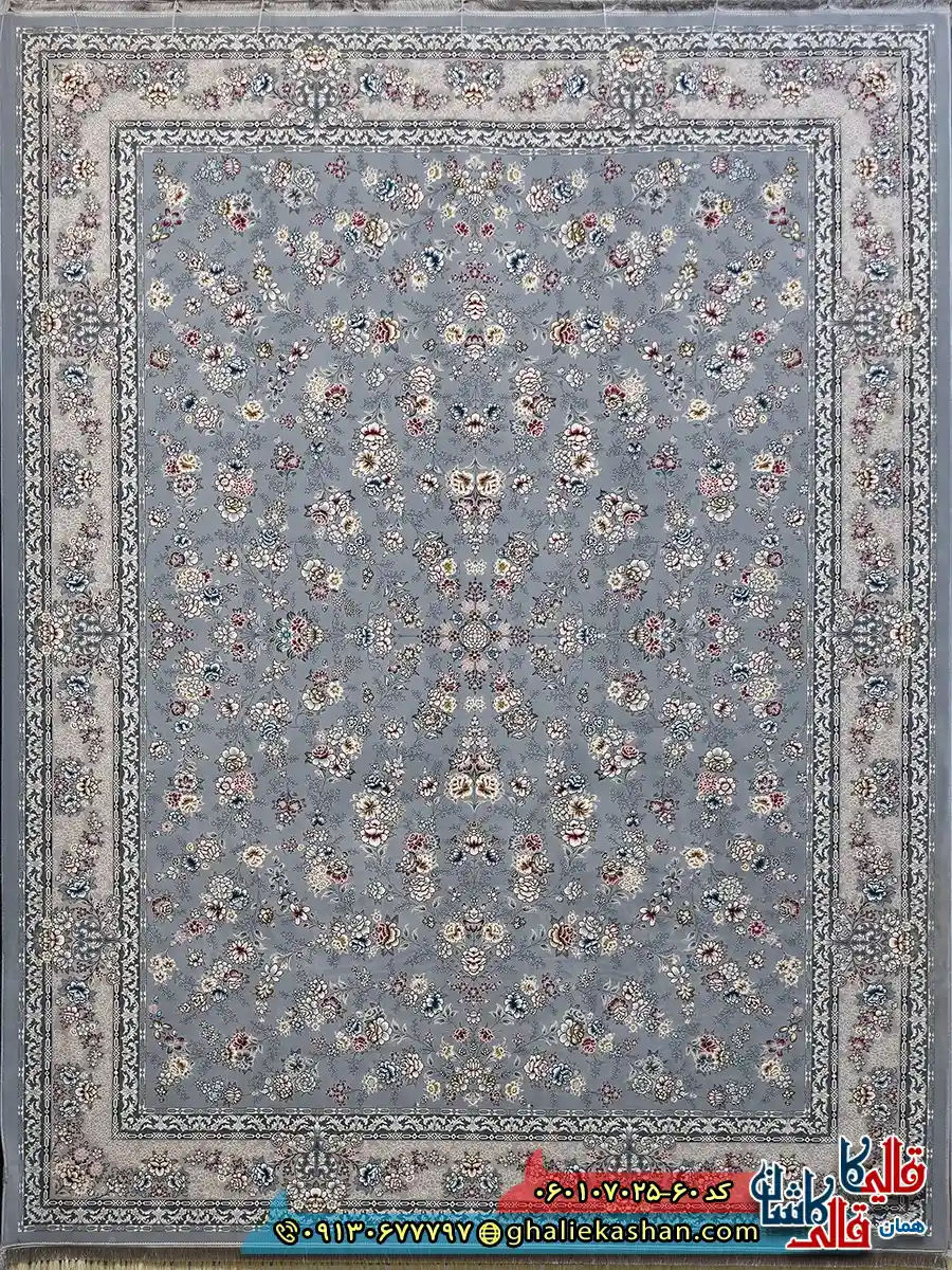 فرش کلاسیک 700 شانه طرح افشان ژینوس رنگ طوسی نقره ای کاشان اصلی